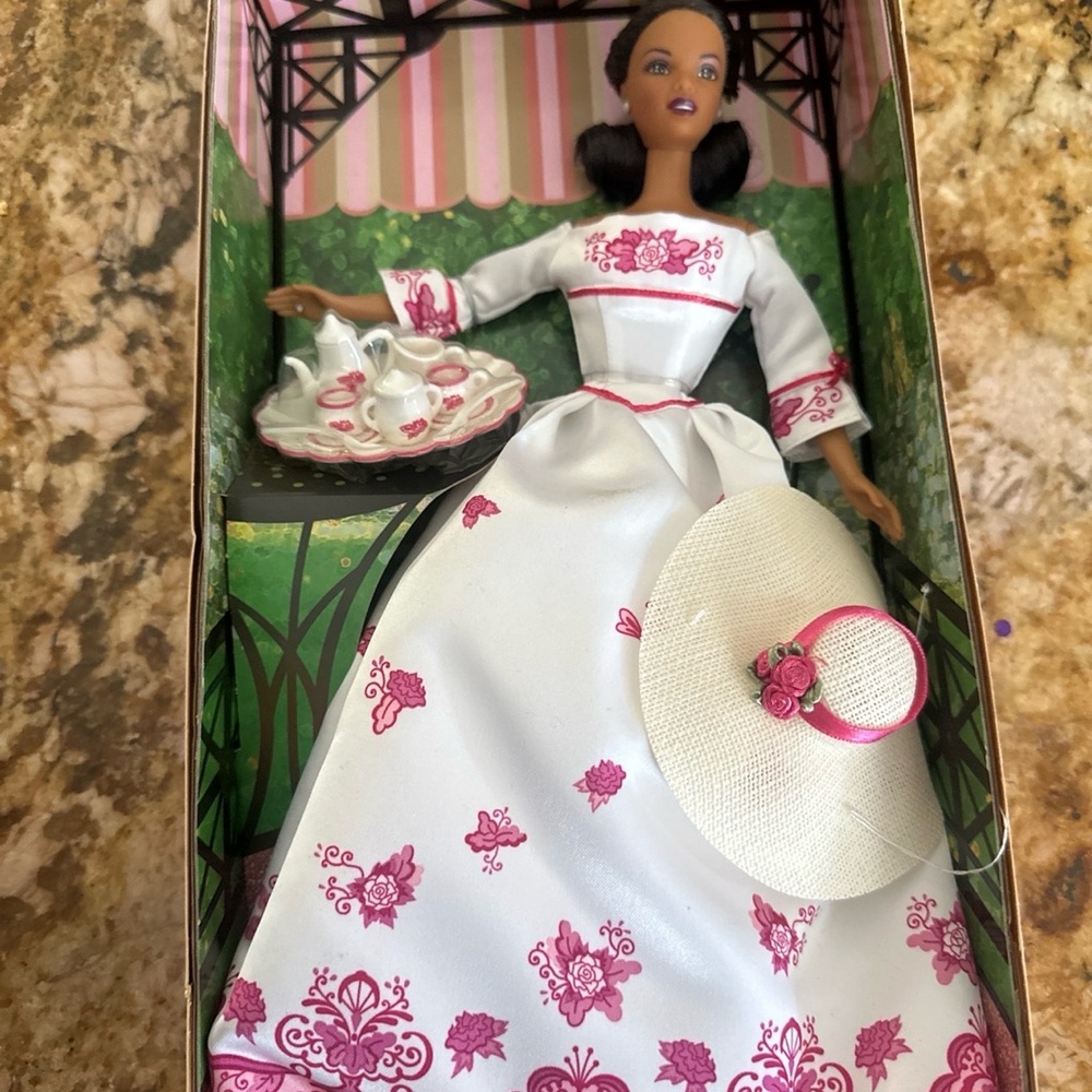 Victorian tea Barbie 2002 
Mattel White and Pink Floral Doll with Hat